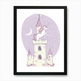 Unicorn In A Castle Lilac Pastel Doodle Art Print