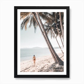 Woman Walking On Beach With Palm Trees Art Print