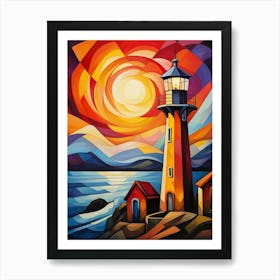 Lighthouse Tower at Sunset II, Vibrant Colorful Painting in Cubism Picasso Style Art Print