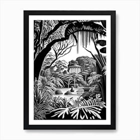 Jardim Botânico Do Rio De Janeiro, Brazil Linocut Black And White Vintage Art Print