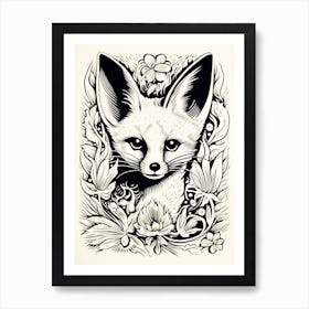 Fox In The Forest Linocut White Illustration 23 Art Print
