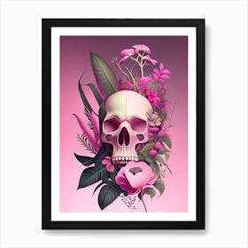 Skull With Surrealistic Elements 2 Pink Botanical Art Print