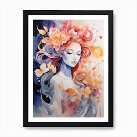 Watercolor Of A Woman With Flowers Art Print