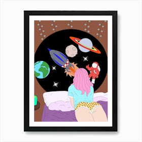 Girl Bed Space Planets Spaceship Rocket Astronaut Galaxy Universe Cosmos Woman Dream Imagination Bedroom Cartoon Art Print
