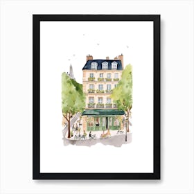 Paris Street Cafe Scene Illustration Sage Blue Watercolour 3 Art Print