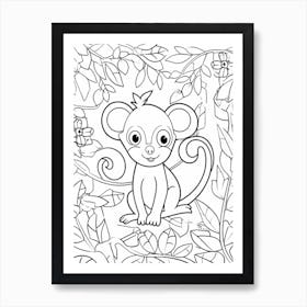 Line Art Jungle Animal Squirrel Monkey 4 Art Print