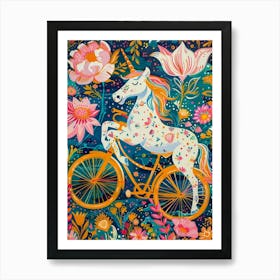Floral Fauvism Style Unicorn Riding A Bike 1 Art Print