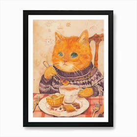 Happy Orange Cat Having Breakfast Folk Illustration 3 Art Print