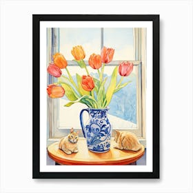 Cat With Tulip Flowers Watercolor Mothers Day Valentines 4 Art Print