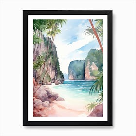 Watercolor Painting Of Maya Bay, Koh Phi Phi Thailand 1 Art Print