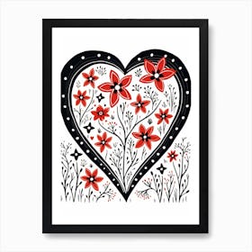 Heart Red & Black Linocut Style White Background 6 Art Print