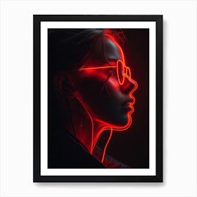 Glowing Enigma: Darkly Romantic 3D Portrait: Neon Girl With Earphones Art Print