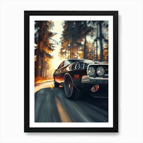 Classic Muscle Car Driving In The Forest Art Print