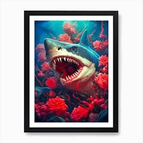 Shark With Roses Art Print