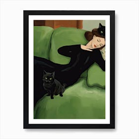 Decadent Young Woman After The Dance With Cats Art Print