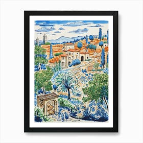 Italy, Tuscany Cute Illustration In Orange And Blue 3 Art Print