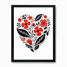 Heart Red & Black Linocut Style White Background 1 Art Print