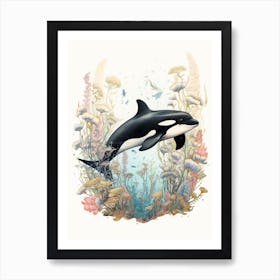 Orca Whale And Flowers 1 Art Print