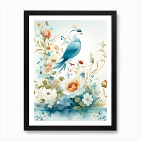 Blue Bird With Flowers Art Print