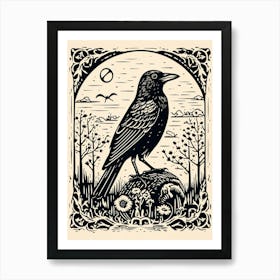 B&W Bird Linocut Crow 4 Art Print