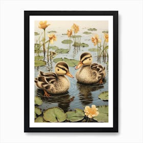 Ducklings With The Water Lilies Japanese Woodblock Style  5 Art Print