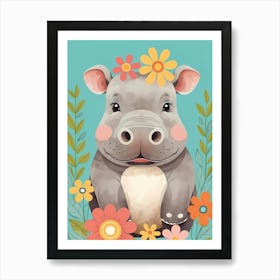 Floral Baby Hippo Nursery Illustration (25) Art Print