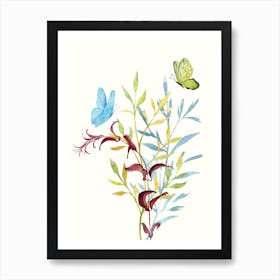 Butterflies with wild leaves bouquet Art Print