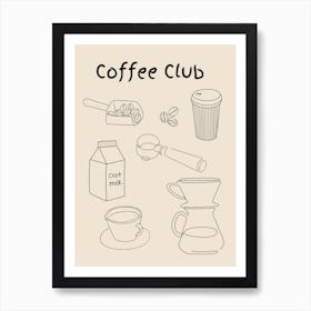 Coffee Club Line Drawing Poster B&W Art Print