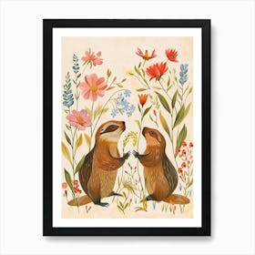 Folksy Floral Animal Drawing Beaver 4 Art Print