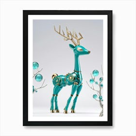 Ceramic And Metal Whimsical Teal Deer Resembling A Firefly Robot Frolics Among Icy Trees Glistenin (1) Art Print