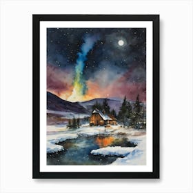 Magical Geyser in Iceland ~ Scenic Watercolor of Magic Icelandic Winter Cottage ~ Witchy Pagan Beautiful Watercolor Far North Spellwork Fairytale Dreamy Painting On a Full Moon Stargazer Northern Lights Aurora Borealis Dream Art Print