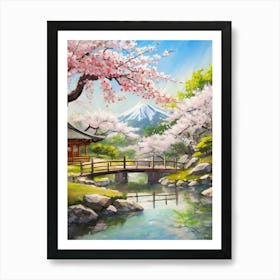 Serene Japanese Garden With Cherry Blossoms In Full Bloom Art Print