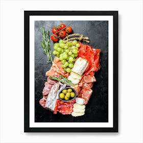 Olives and Italian meat antipasto — Food kitchen poster/blackboard, photo art Art Print