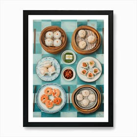 Dim Sum Selection Blue Checkered 1 Art Print