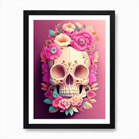 Skull With Mandala 3 Patterns Pink Vintage Floral Art Print