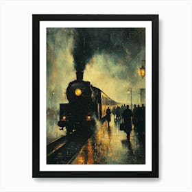 Vintage 1930s Steam Train At Night – Classic Railway Station Art Print Art Print