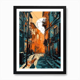 Painting Of Budapest Hungary With A Cat In The Style Of Line Art 2 Art Print