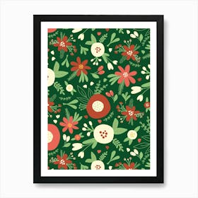 Abstract Scandinavian Floral Christmas Red, White, Green Art Print