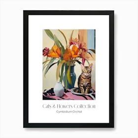 Cats & Flowers Collection Cymbidium Orchid Flower Vase And A Cat, A Painting In The Style Of Matisse 1 Art Print