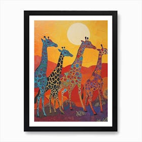 Warm Colourful Giraffes In The Sunny Landscape 2 Art Print