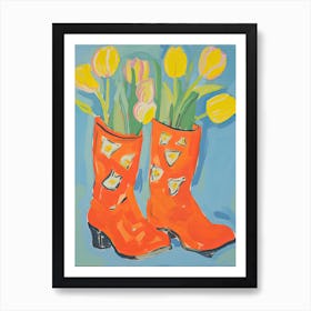 Painting Of Tulips Flowers And Cowboy Boots, Oil Style 4 Art Print