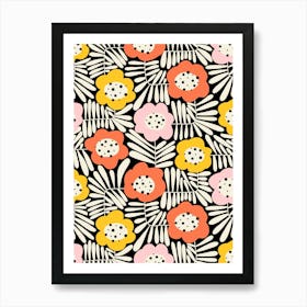 Climbing Flowers Retro Abstract Floral - Pink, Orange, Yellow, Black White Art Print