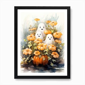 Cute Bedsheet Ghost, Botanical Halloween Watercolour 57 Art Print