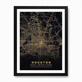 Houston Texas USA Black And Gold Map Art Print