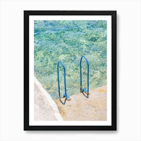 Milos, Greece I The minimalist blue swimming pool of Mediterranean sea like a paradise beach in the Cyclades to vintage pastel summer aesthetic photography of french riviera landscape and its transparent turquoise water Art Print