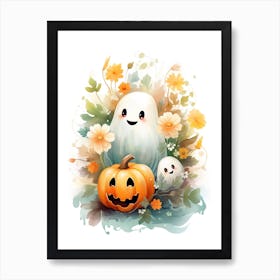 Cute Ghost With Pumpkins Halloween Watercolour 55 Art Print