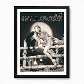 Pin Up Girl Posing On A Fence With Black Cat At Night Scene Art Print