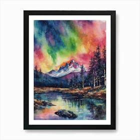 The Northern Lights - Aurora Borealis Rainbow Winter Snow Scene of Lapland Iceland Finland Norway Sweden Forest Lake Watercolor Beautiful Celestial Artwork for Home Gallery Wall Magical Etheral Dreamy Traditional Christmas Greeting Card Painting of Heavenly Fairylights 9 Art Print