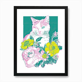 Cute Kitty Cat With Flowers Illustration 3 Art Print