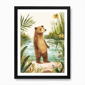 Sloth Bear Standing On A Riverbank Storybook Illustration 3 Art Print